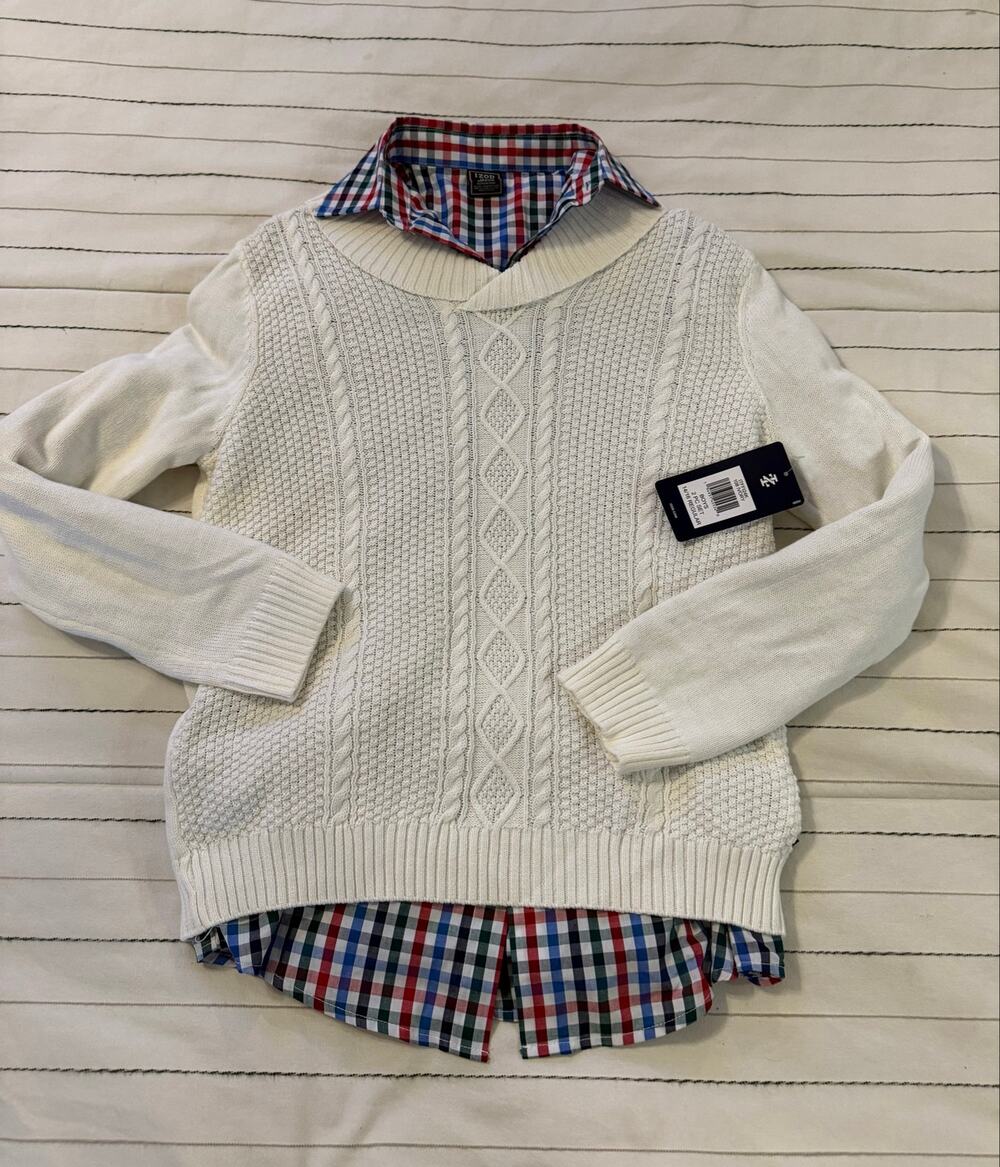 IZOD Boys 2-Pc Cable Knit Sweater and Plaid Button Shirt Set- 14/16